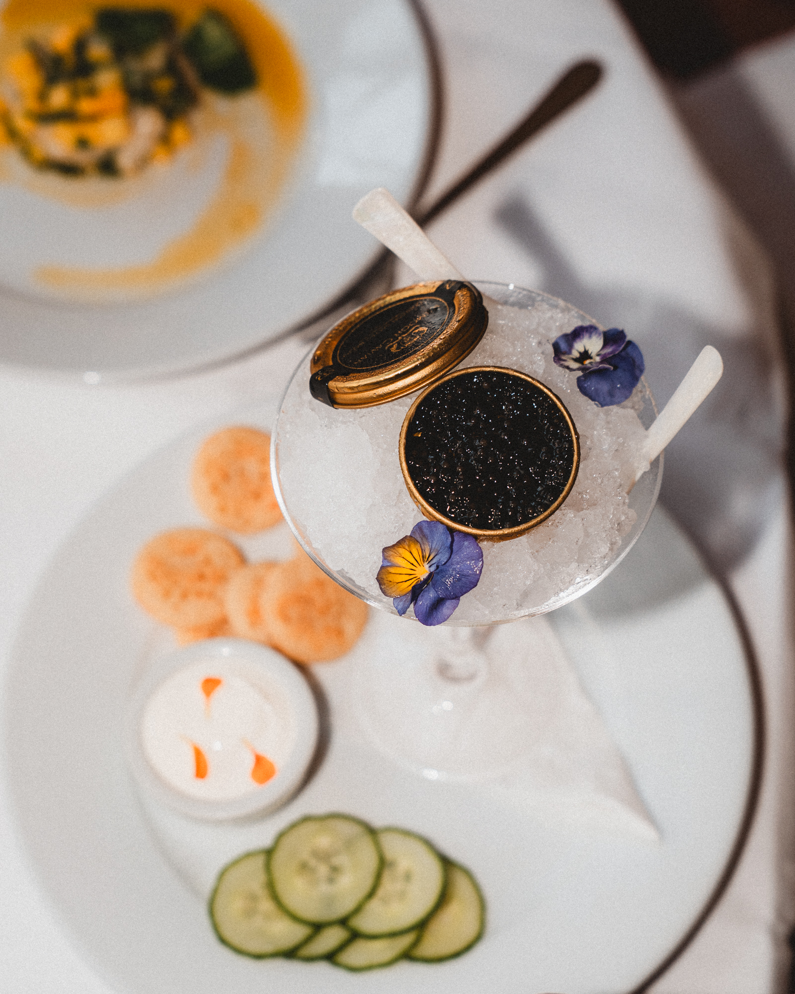 Exmoor Caviar, Cornish salted baerii, served with blinis, cucumber and crème fraîche