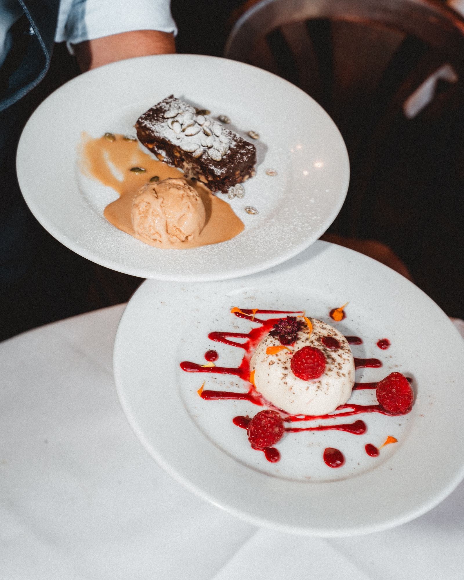 Brownie with salted caramel ice cream, and pannacotta